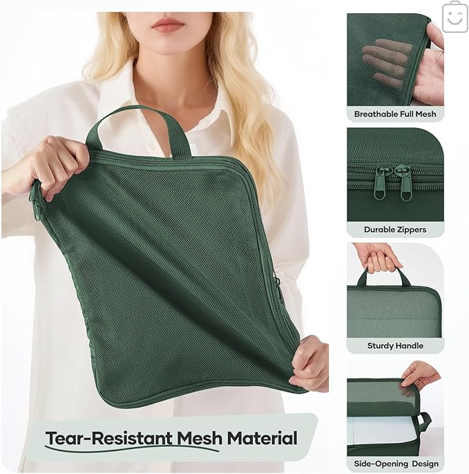 Veken 11 Set Compression Packing Cubes for Travel Essentials,Compressible Expandable Large Luggage Suitcase Organizer Bags for Clothing,Durable Space Saver Storage Bags with Toiletry Bags(Dark Green)