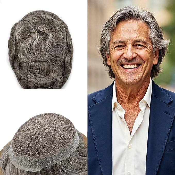 FACE MIRACLE Hair System for Men French Lace Mens Toupee Human Hair Replacement System Lace with PU Toupee for Men Male Hair Piece Wigs 7"X9" #360 Dark Brown with 60% Gray