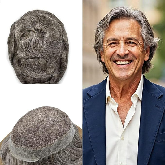 FACE MIRACLE Hair System for Men French Lace Mens Toupee Human Hair Replacement System Lace with PU Toupee for Men Male Hair Piece Wigs 7"X9" #360 Dark Brown with 60% Gray