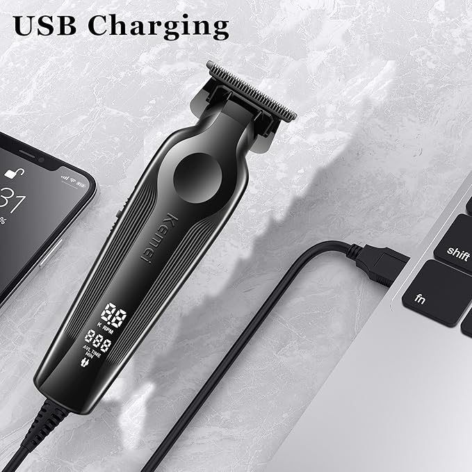 KEMEI Hair Trimmer for Men, Zero Gapped Cordless Hair Clippers Beard Trimmers with T Blade, Rechargeable Barber Clipper with LED Display, Black