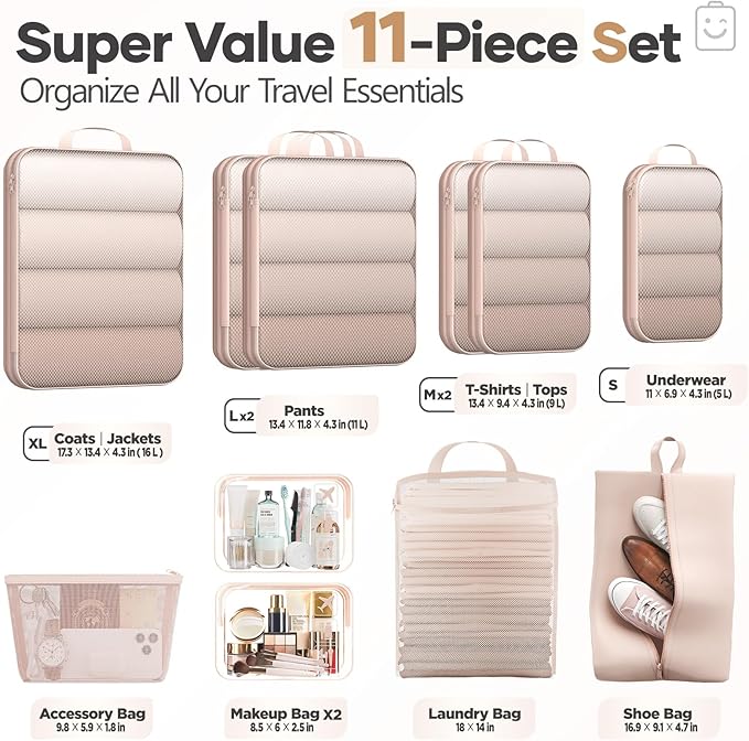 Veken 11 Set Compression Packing Cubes for Travel Essentials,Compressible Expandable Large Luggage Suitcase Organizer Bags for Clothing,Durable Space Saver Storage Bags with Toiletry Bags(Beige)