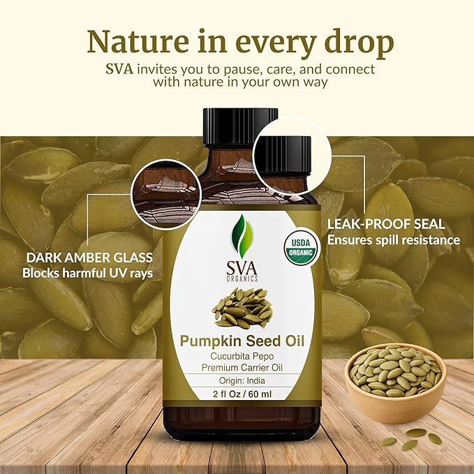SVA Pumpkin Seed Oil Organic - 2 Fl Oz – 100% Natural Cold Pressed Pumpkin Seed Oil - for Face, Skin Care, Hair Care, Scalp Massage & Body Massage - with Dropper