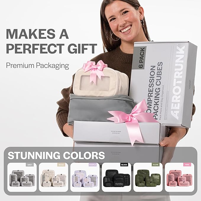 Aerotrunk Compression Packing Cubes for Travel - Luggage Organizer Bags - Double Zipper Packing Cubes for Suitcases (6-Pack, Dark Blue)