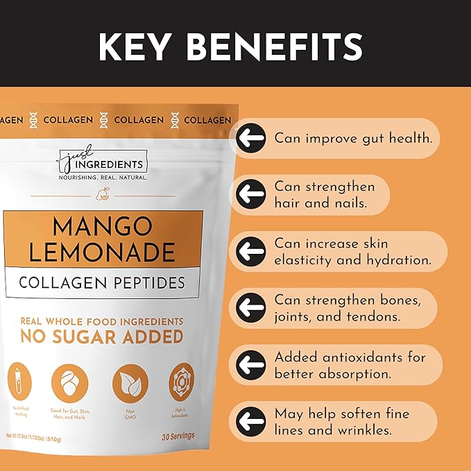 JUST INGREDIENTS Collagen Peptides – Mango Lemonade Drink Mix | 30 Servings | Bovine Collagen, Grape Seed & Pine Bark Extract | Supports Skin, Hair, Nails, Joints & Gut Health | No Sugar Added