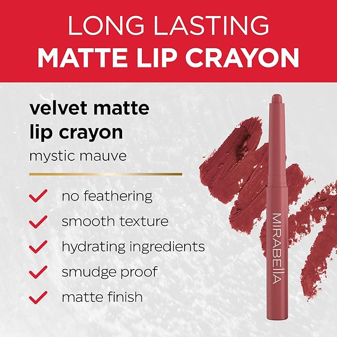 Mirabella - Velvet Matte Lip Crayon, Retractable Highly-Pigmented 2-in-1 Makeup, Long-Lasting Hydrating Lipstick Crayon + Lip Liner, Moisturizing Cream-to-Matte Lipcare Formula, Mystic Mauve