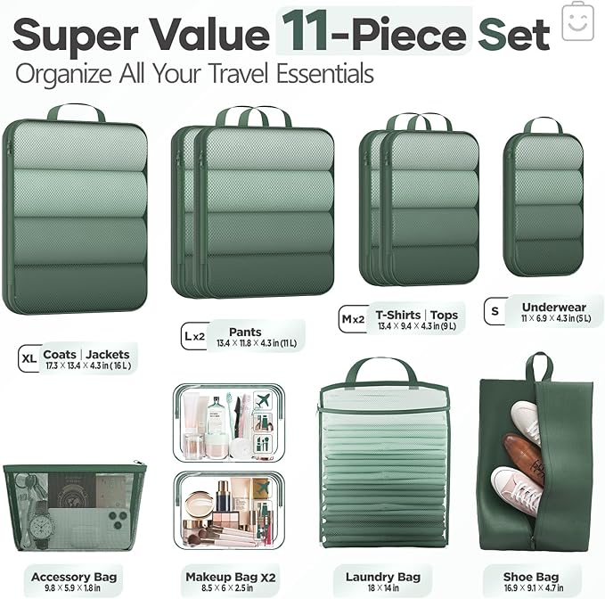 Veken 11 Set Compression Packing Cubes for Travel Essentials,Compressible Expandable Large Luggage Suitcase Organizer Bags for Clothing,Durable Space Saver Storage Bags with Toiletry Bags(Dark Green)