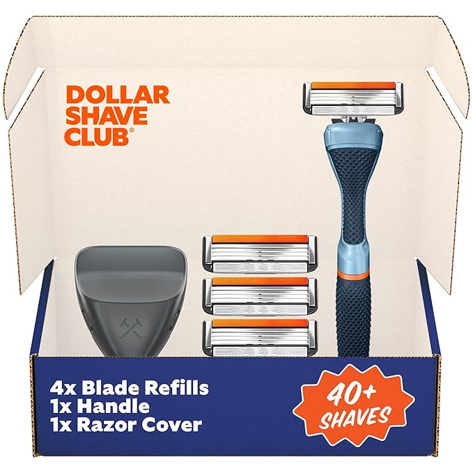 Dollar Shave Club | Travel Shave Set | 4 Swift Rinse Refill Cartridges, 1 Handle (Blue), 1 Razor Cover