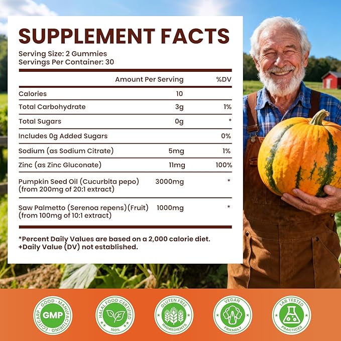 Pumpkin Seed Oil with Saw Palmetto Gummies, Organic Pumpkin Seed Oil Supplement for Hair Growth, Prostate Health, Bladder &Urinary Tract Support, High Pure Extract for Adults, Orange Flavor, 120 Count