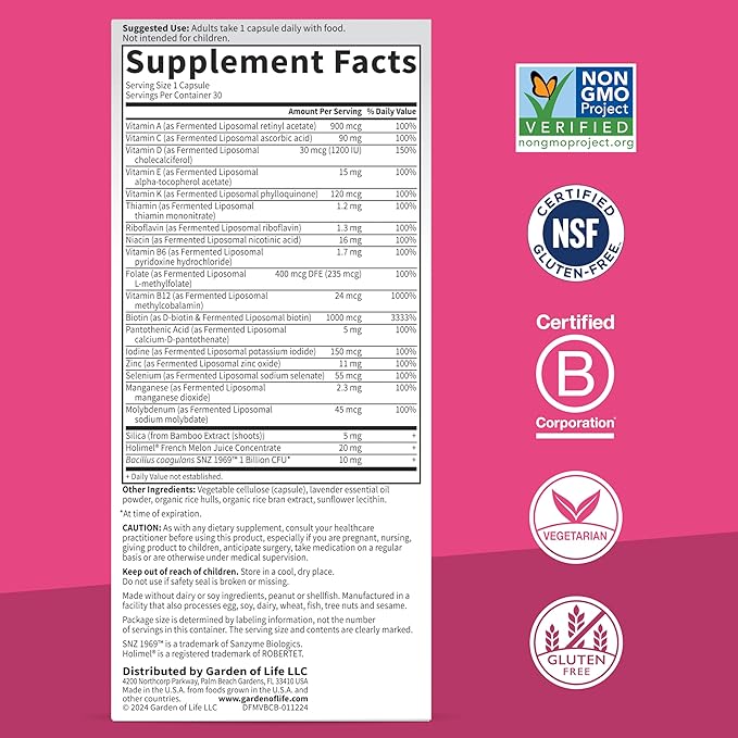 Garden of Life Dr Formulated Multi+ Beauty Complex Fermented Liposomal Multivitamin Plus Hair Skin and Nails Vitamins, French Melon SOD, Biotin & Probiotics, 30 Capsules, Supplement for Women & Men