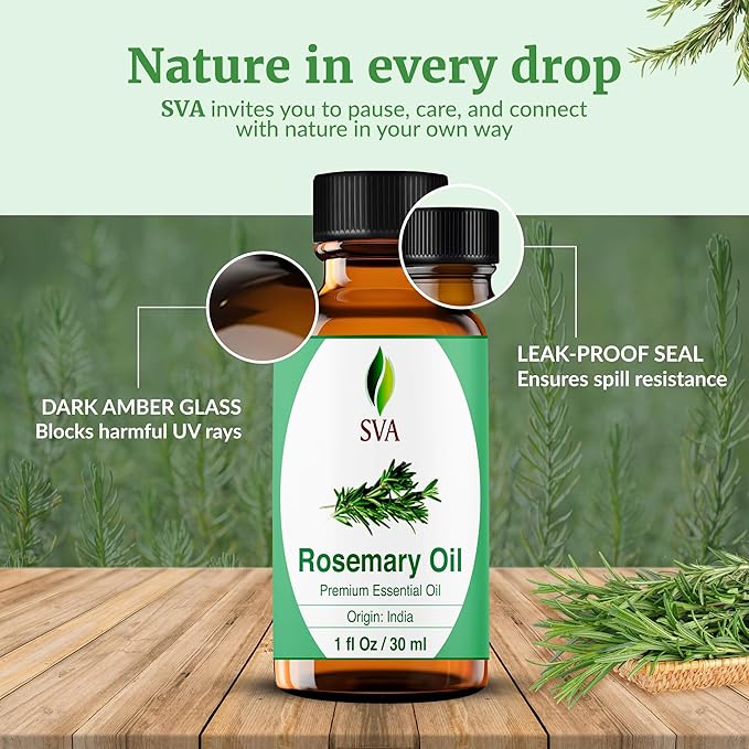 SVA Rosemary Essential Oil – 1 Fl Oz – 100% Natural Rosemary Oil for Hair, Face, Skin Care, Diffuser, Aromatherapy, Scalp, Body Massage, Soap and Candle Making – with Dropper