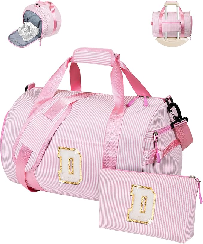 Cheer Up Gift, Girls Travel Duffle Bag, Kids Initial Overnight Bags with Shoe Compartment, Personalized Weekender Bag with Makeup Pouch, Sweet 16 Gifts for Daughter (Letter D)