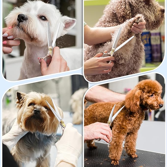 JASON Professional 6 in 1 Dog Scissors Kit - 7.5" Thinning, Chunker, Straight, Curved Shears and Comb for Cat, Rosegold