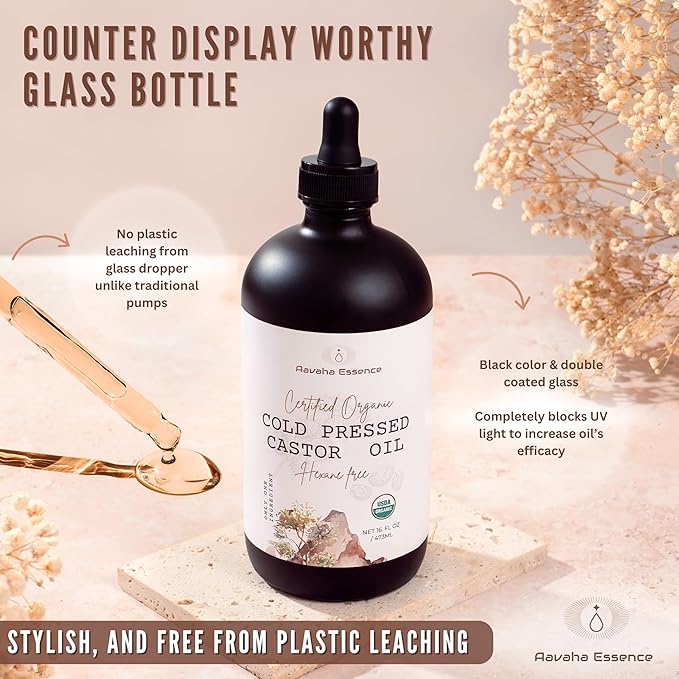 Organic Castor Oil – Cold-Pressed, Hexane-Free, 100% Pure & USDA Certified – Cold Pressed Oil for Hair, Skin, Eyelashes & Brows – 16 oz Glass Bottle with Dropper + Mini Glass Roll-On