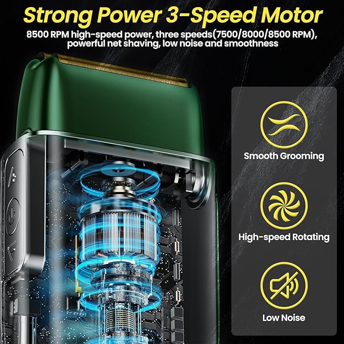 Electric Foil Shavers for Men, 3 Speed Electric Razor for Men, High Speed Dual Floating Blades, IPX7 Waterproof Wet & Dry, LED Display, USB Type C Charging, Foil Razor for Face/Beard/Head (Green)