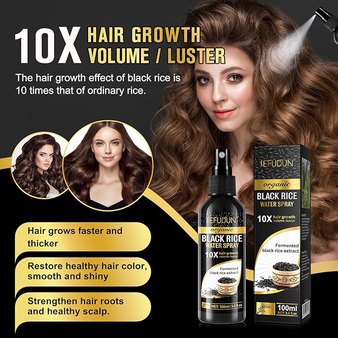 Organic Black Rice Water Spray for Hair Growth, A Solution with Castor Oil & Ginger Root Extract for Thicker, Fuller Hair, Targets Hair Loss and Repairs Damage 200ml/6.4 fl.oz (2 PC)