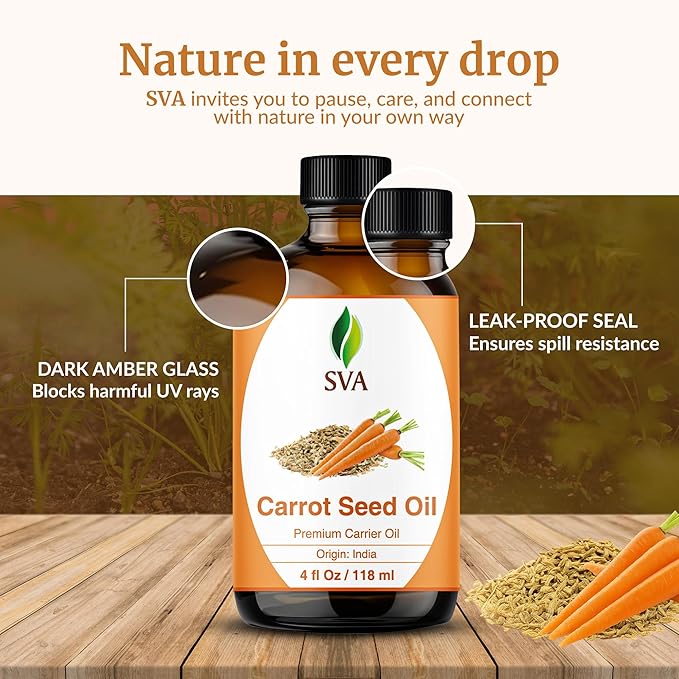 SVA Carrot Seed Oil - 4 Fl Oz – 100% Natural Cold Pressed Carrot Oil - for Face, Skin Care, Hair Care, Scalp Massage & Body Massage – Carrier Oil with Dropper