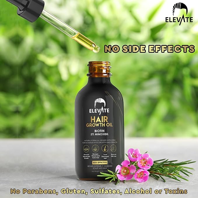 Elevate Hair Regrowth Treatment 5% Minoxidil Solution – Biotin Serum Hair Growth Oil for Men & Women - Thicker Fuller Stronger Hair - Stops Hair Loss & Thinning - Natural Hair Thickening Treatment 2oz