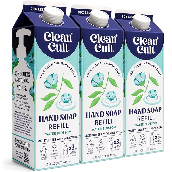 Cleancult Liquid Hand Soap Refill - Water Blossom - Moisturizes Dry & Sensitive Skin - Made with Aloe Vera & Essential Oils - Eco Friendly - Paper-Based Packaging - 32 oz/3 Pack