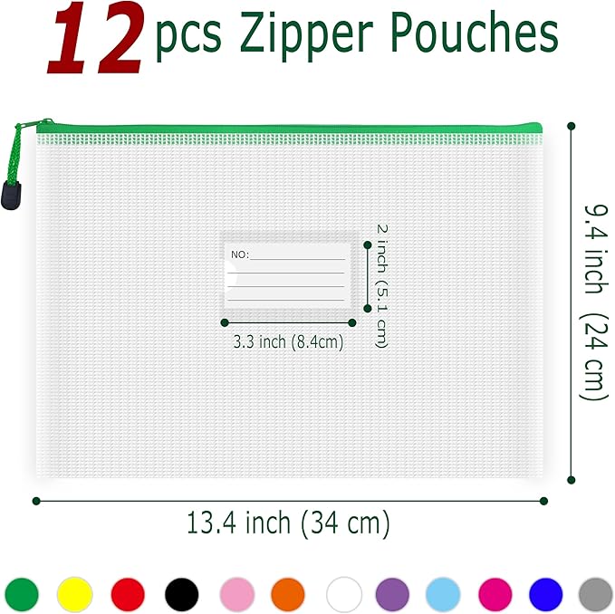AUSTARK Plastic Mesh Zipper Pouch, 12 Pcs Zipper File Bags with Label Pocket, Game Boards Storage Bags, Waterproof Document Storage Bags for Office Home Travel Cosmetic (A4 Size 13.4 x 9.4 in)