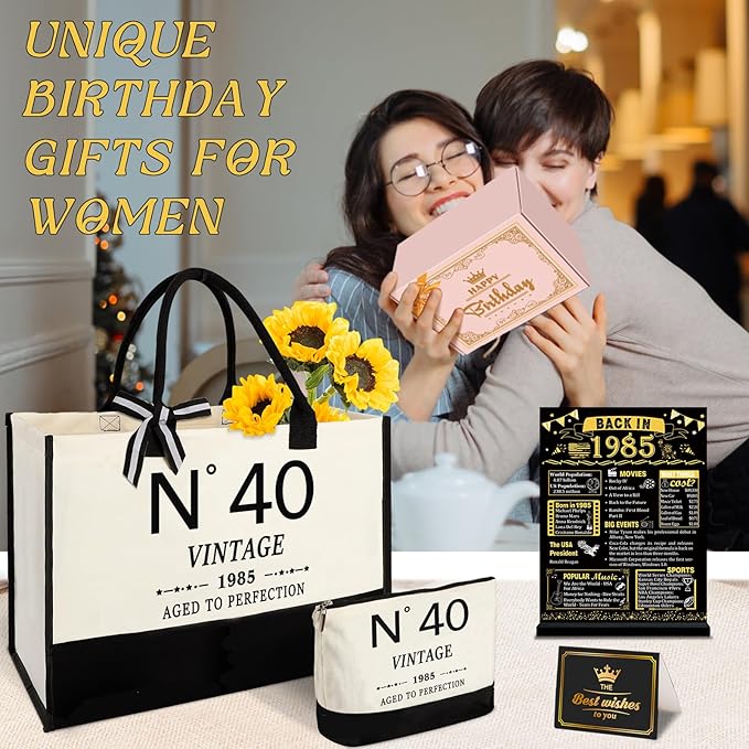 40th Birthday Gifts for Women Canvas Tote Bag Travel Gear, Unique 40 Years Old Birthday Gifts for Her Mom Wife Aunt Friends, Vintage N40 Handbag & Cosmetic Bag & Back in 1985 Poster