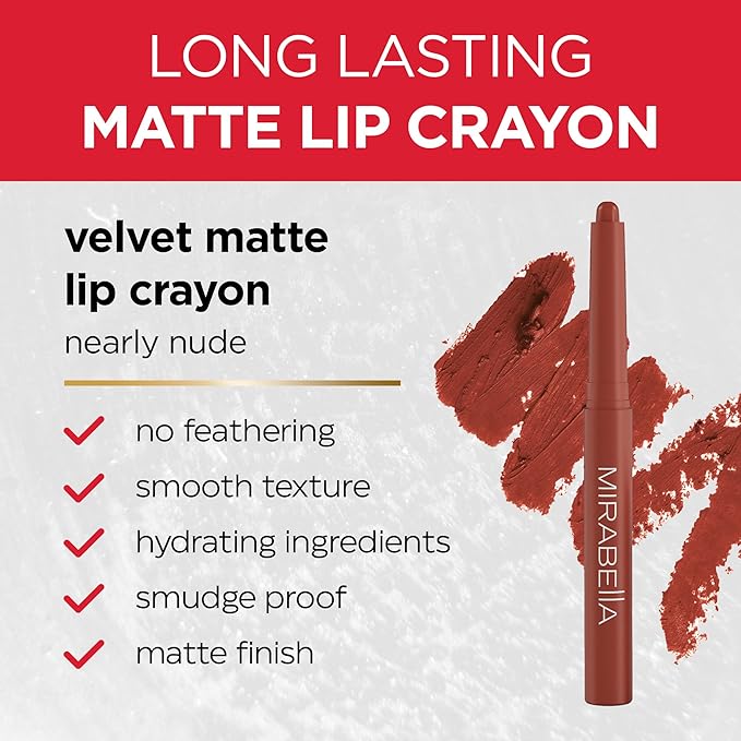 Mirabella - Velvet Matte Lip Crayon, Retractable Highly-Pigmented 2-in-1 Makeup, Long-Lasting Hydrating Lipstick Crayon + Lip Liner, Moisturizing Cream-to-Matte Lipcare Formula, Nearly Nude