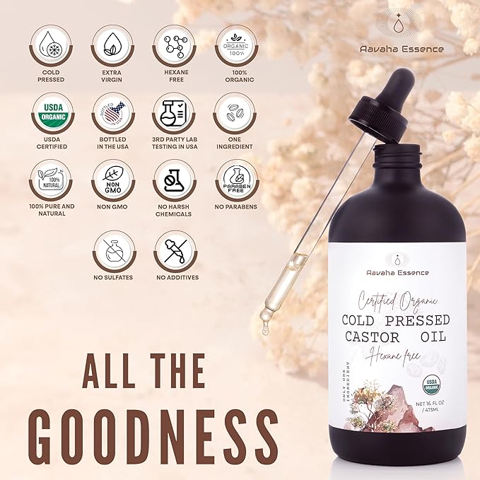 Organic Castor Oil – Cold-Pressed, Hexane-Free, 100% Pure & USDA Certified – Cold Pressed Oil for Hair, Skin, Eyelashes & Brows – 16 oz Glass Bottle with Dropper + Mini Glass Roll-On