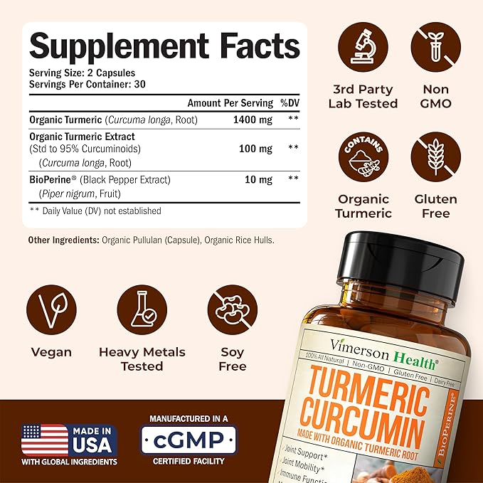 Turmeric Curcumin Supplement with Black Pepper Extract - High Potency Organic Turmeric 1400mg & 95% Curcuminoids for Joint & Digestive Health - Joint Support Supplement - 60 Vegan Curcuma Capsules