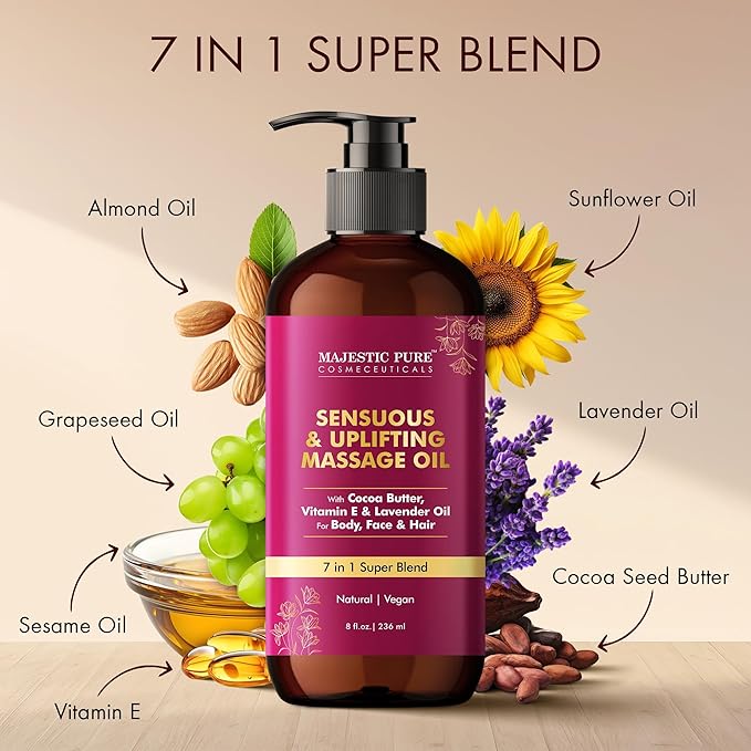 MAJESTIC PURE Cocoa Massage Oil for Massage Therapy - Refreshing, and Relaxing - Natural Oils with Cocoa Butter, Vitamin E & Lavender Oil - for All Skin Types - Men and Women - 8 fl oz