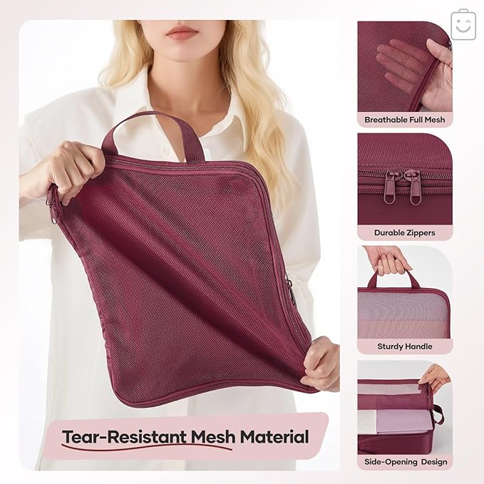 Veken 9/11 Set Compression Packing Cubes for Travel Essentials,Compressible Expandable Large Luggage Suitcase Organizer Bags for Clothing,Durable Space Saver Storage Bags with Toiletry Bags(Wine Red)