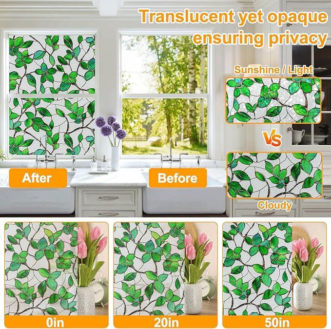 Window Privacy Film Stained Glass Window Film Frosted Window Film Window clings Non-Adhesive Reusable Decorative for Home Removable(Green Frosted, 17.5 X 157.4 in)