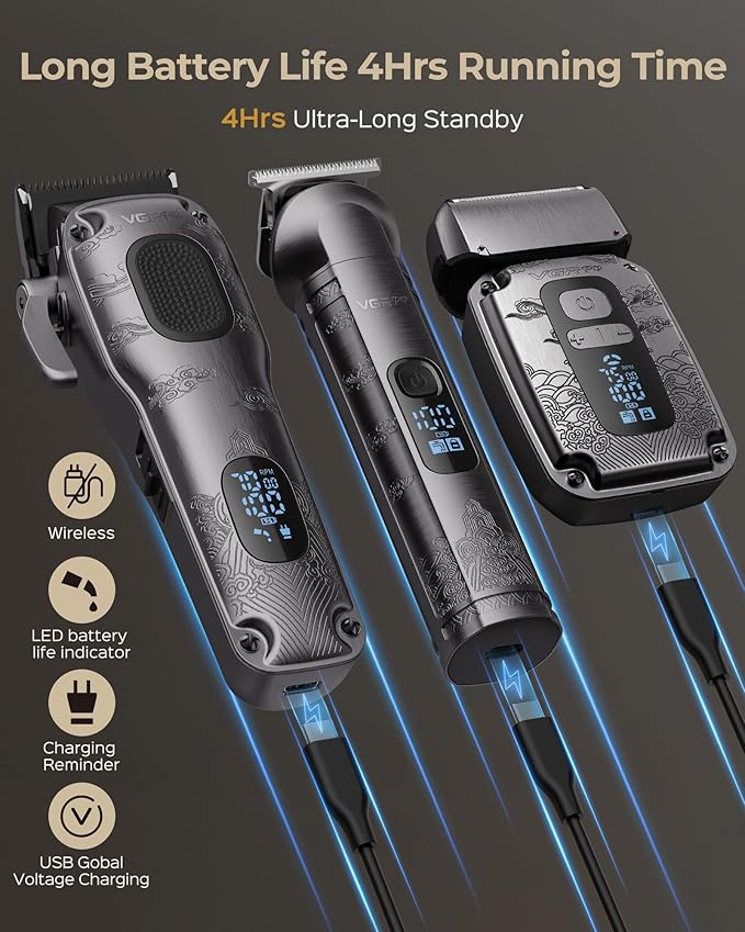 Hair Clippers & Trimmers Set for Men Professional, Waterproof Electric Razor Foil Shaver for Men Face Beard, Cordless for Hair Cutting, 4-Speed Setting, LED Battery Display, Barber or Home Use