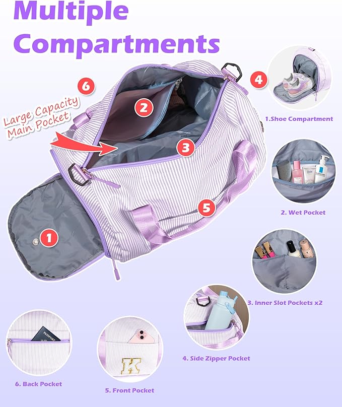 Christmas Gifts for Teen Girls, Girls Travel Duffle Bag, Kids Initial Overnight Duffel Bags with Shoe Compartment, Personalized Dance Bag with Cosmetic Pouch, Gift for Tween (Letter V)