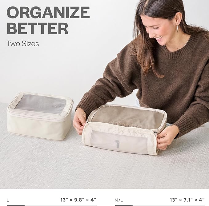 Aerotrunk Compression Packing Cubes for Travel - Luggage Organizer Bags - Double Zipper Packing Cubes for Suitcases (2-Pack, Beige)