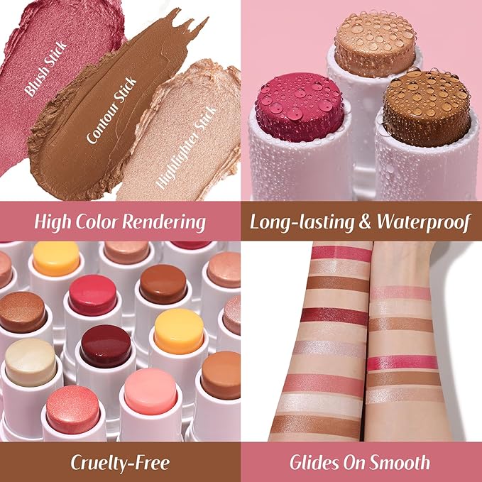 KIMUSE Face Sticks Trio, Cream Blush Stick & Highlighter Stick & Contour Stick for Sculpt the Cheeks, Long Lasting Cream Contour Stick Trio for Face Makeup, with Brush