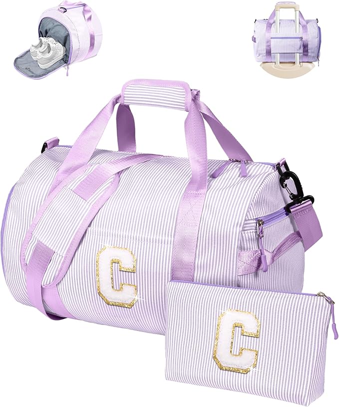 Gift for 4 Year Old Girl, Girls Travel Duffle Bag, Kids Initial Overnight Duffel Bags with Shoe Compartment, Personalized Dance Bag with Cosmetic Pouch, Preppy Stuff (Letter C)