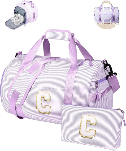 Gift for 4 Year Old Girl, Girls Travel Duffle Bag, Kids Initial Overnight Duffel Bags with Shoe Compartment, Personalized Dance Bag with Cosmetic Pouch, Preppy Stuff (Letter C)