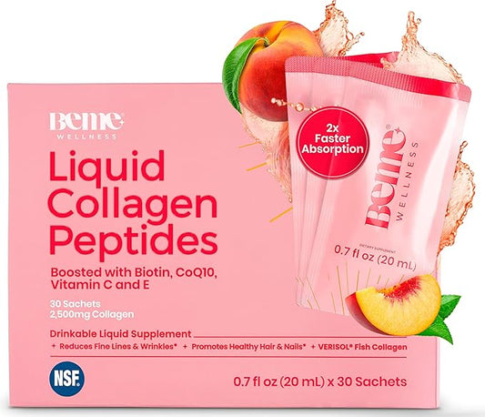 BeMe Liquid Collagen for Women - 2500mg Verisol Collagen Liquid with Biotin, CoQ10 & Vitamin C - Clinically Proven Collagen Peptides for Hair, Skin & Nails - 30 Peach Sachets