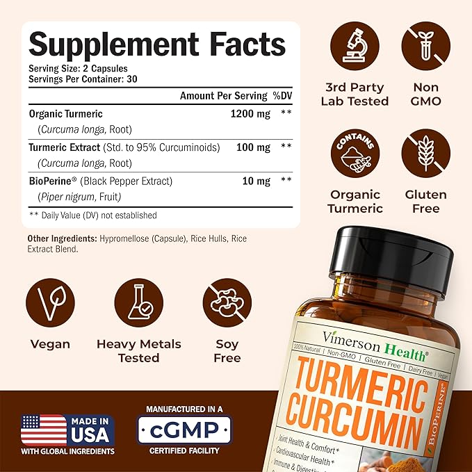 Turmeric Curcumin Supplement with Black Pepper Extract - High Potency Organic Turmeric 1200mg & 95% Curcuminoids for Joint & Digestive Health - Joint Support Supplement - 60 Curcuma Capsules - 2 Pack