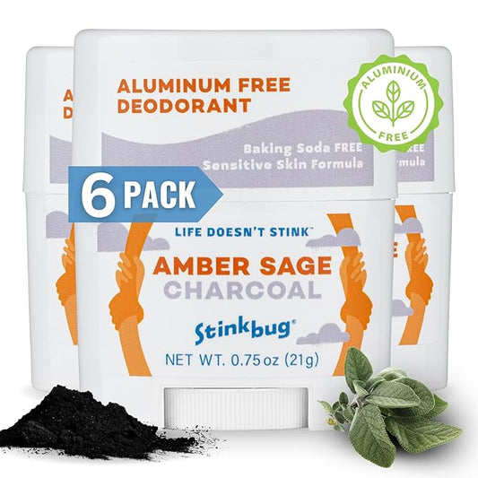 Stinkbug Naturals Organic Aluminum Free Travel Size Deodorant Stick with Amber Sage, Coconut Oil and Activated Charcoal, 0.75 Ounce Pack of 6