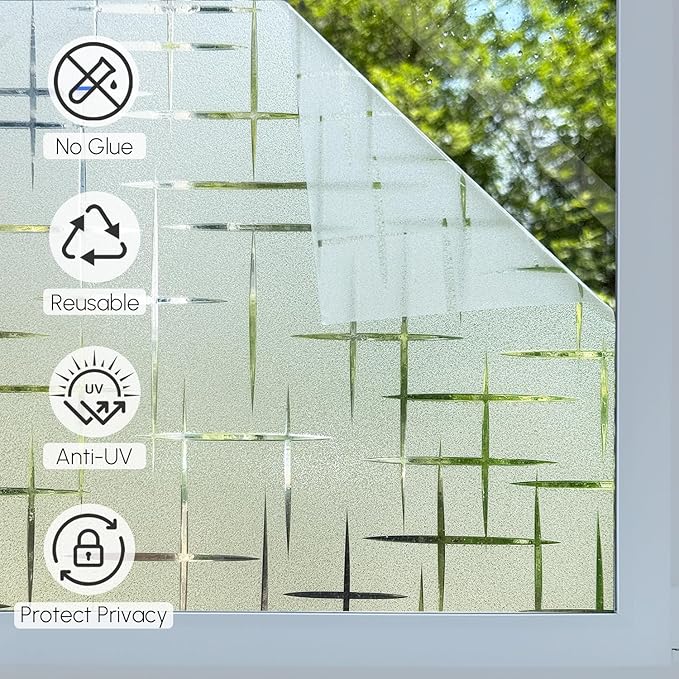 HIDBEA Window Privacy Film, Decorative Staic Cling Frosting Film, Heat Control UV Blocking Non-Adhesive Window Sticker for Home, Cross Pattern,23.6 X 78.7 Inches