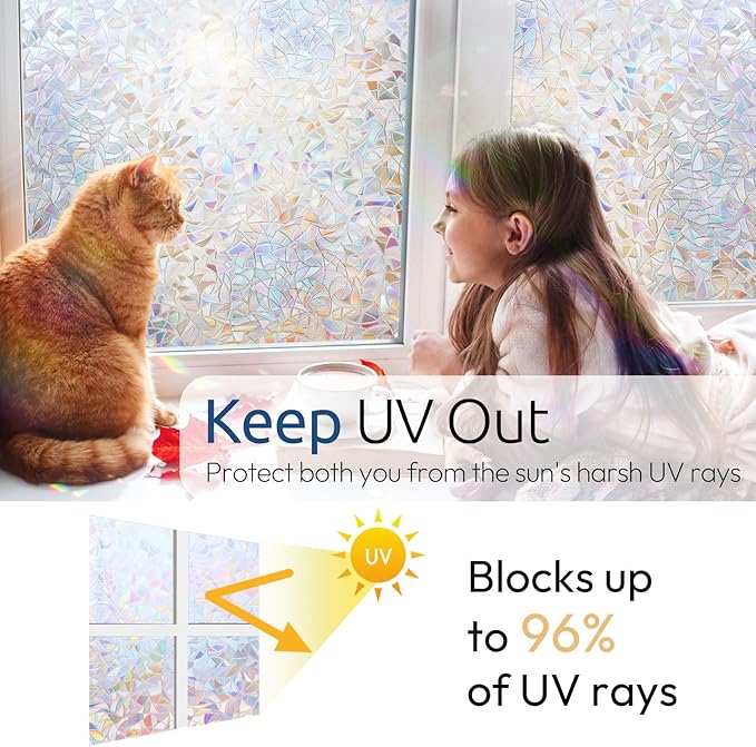 rabbitgoo Window Privacy Film Rainbow Film Decorative Window Sticker, 3D Static Stained Glass Cling Tint for Home Heat Control Non-Adhesive, 35.4 x 118.1 inches