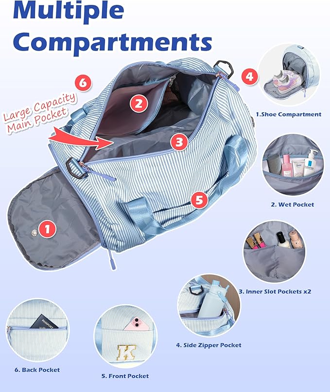 Girl's Fashion Stuff, Girls Travel Duffle Bag, Kids Initial Overnight Bags with Shoe Compartment, Customized Weekender Bag with Makeup Pouch, Gift Ideas for Daughter Niece Sister (Letter W)