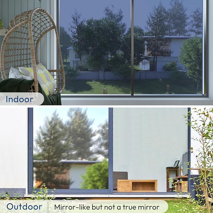 rabbitgoo Window Privacy Film One Way Window Tint for Home, Removable Reflective Heat Sun Blocking Anti UV Glass Door Covering, Mirror Tinting Film House Office, 23.6 in X 9.8 Feet, Blue Silver