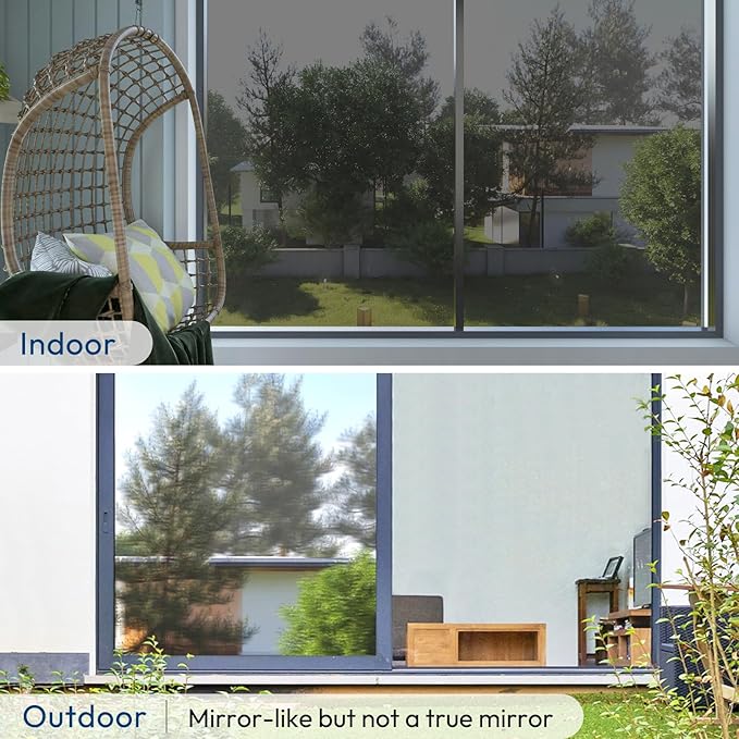 rabbitgoo Window Privacy Film One Way Window Tint for Home, Removable Reflective Heat Sun Blocking Anti UV Glass Door Covering, Mirror Tinting Film House Office, 17.5 in X 9.8 Feet, Black Silver