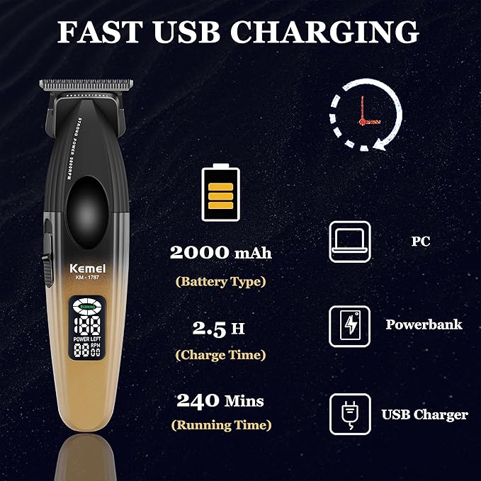 KEMEI 1787 Beard Trimmer for Men, Cordless Hair Trimmer with LED Display, 9000 RPM Hair Clippers for Barber with 2000 mAh Battery, DLC Coated T-Blade