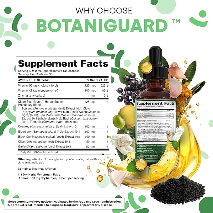 Clean Nutra Oil of Oregano Drops Black Seed Oil Elderberry Vitamin D D3 K2 Olive Garlic Immune Support Supplement Wellness Formula Zinc Supplements Liquid 2 Fl Oz BotaniGuard Vegan, Non-GMO