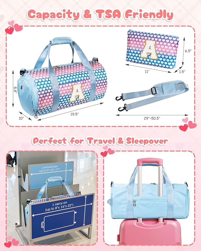 Sweet Gift for Teen, Girls Travel Duffel Bag, Kids Initial Overnight Bags with Shoe Compartment, Initial Duffle Bag with Makeup Pouch, 3 4 5 6 7 8 Year Old Girl Birthday Gifts (Letter T)