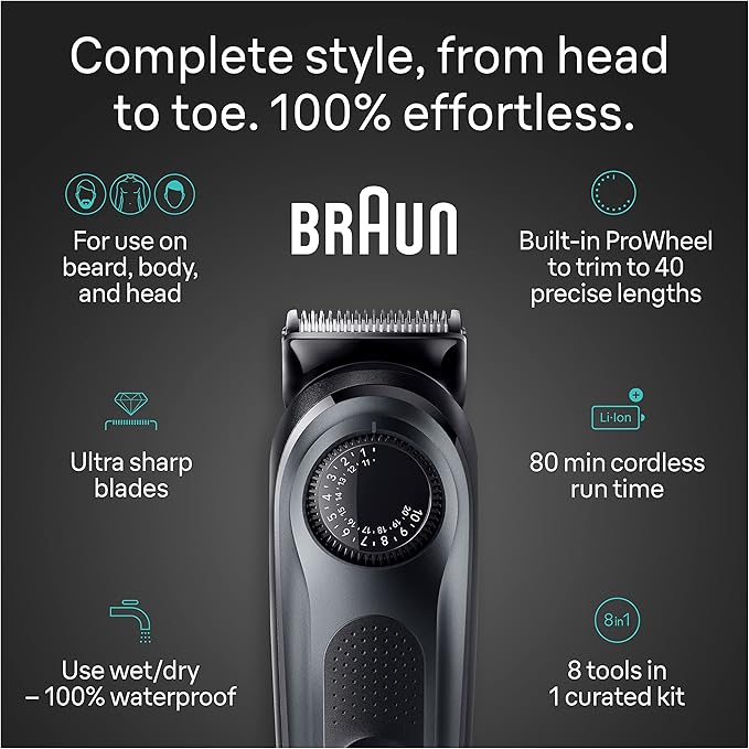 Braun All-in-One Style Kit Series 5 5470, 9-in-1 Trimmer for Men w/Beard Trimmer, Body Trimmer for Manscaping, Gillette Fusion5 ProGlide Razor, 40 Length Settings, Rechargeable Battery, Cordless