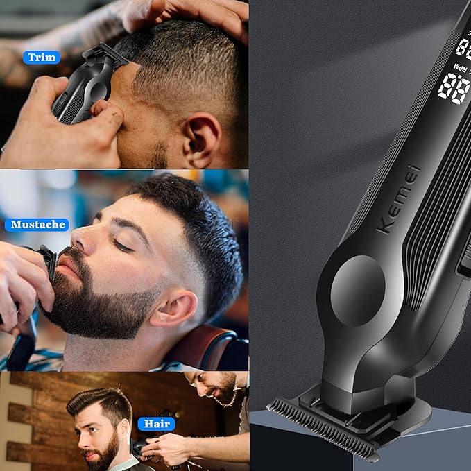 KEMEI Hair Trimmer for Men, Zero Gapped Cordless Hair Clippers Beard Trimmers with T Blade, Rechargeable Barber Clipper with LED Display, Black