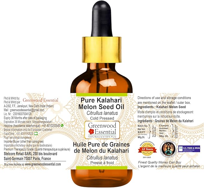 Greenwood Essential Kalahari Melon Seed Oil (Citrullus lanatus) with Glass Dropper | Cold Pressed | Natural | For Diluting Essential Oils | For Hair, Skin & Massage | Unisex | 15ml (0.50 oz)
